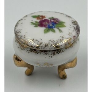 Vintage Japan Porcelain Trinket Box Footed Floral Gold Trim Hand Painted